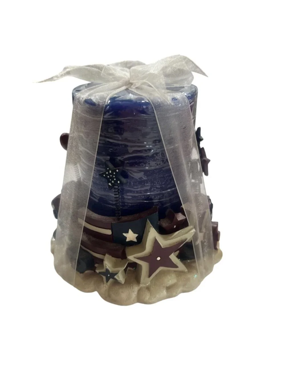 Patriotic Red & Blue Decorative Candles With Star & Flag Accents Wrapped In Shee